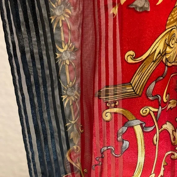 Red, black, and gold silk scarf with floral, filagree and vase motif. 53” x 10” - Picture 6 of 7